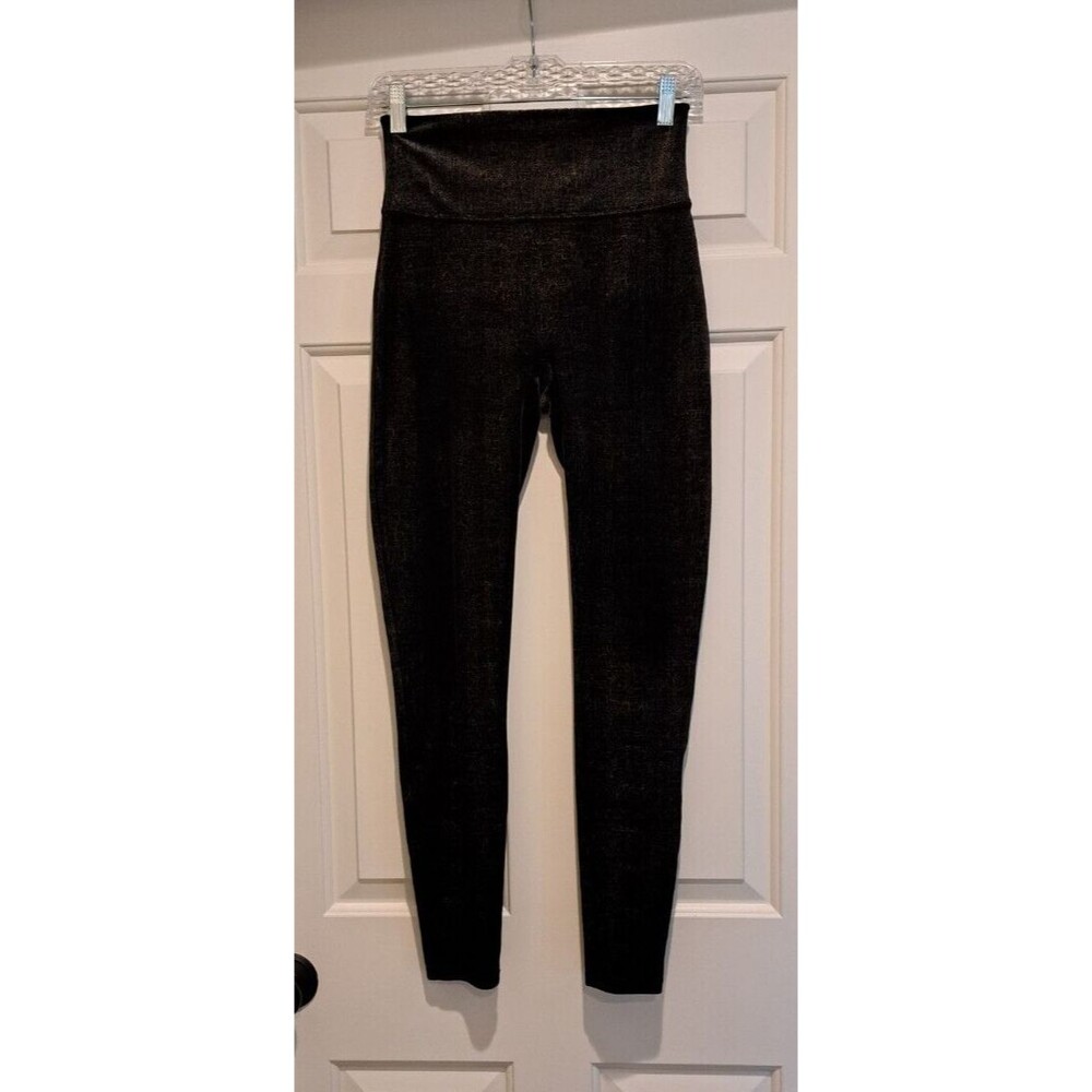Spanx Velvet Shine Leggings Black Gold Metallic Shimmer High Rise Size Small